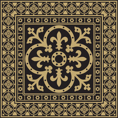 Vector black and gold square gothic ornament. Medieval European rectangle, border. Classic pattern of the Germans, Angles, Saxons, Franks