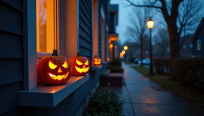 Halloween night atmosphere with carved pumpkins glowing softly on a windowsill casting spooky shadows on a dark street.