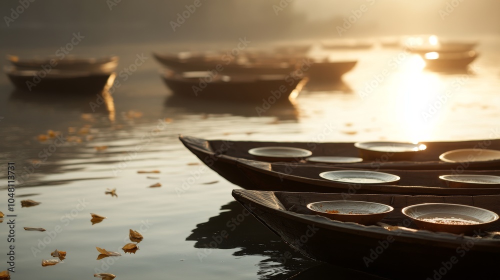 Wall mural an empty scene featuring blank mockup template of boats floating on the river with offering plates i