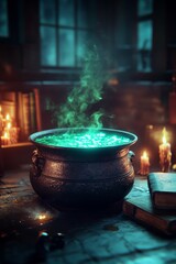 A mysterious bubbling cauldron with glowing green potion surrounded by flickering candles and ancient books in a dimly lit, enchanting witchs lair.
