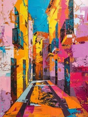Fototapeta premium Vibrant Cityscape: A burst of color in a painting of a narrow street, showcasing bold hues and dynamic brushstrokes. A vivid expression of urban energy. 