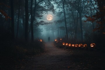 A mysterious moonlit forest path lined with glowing Jack O Lanterns, shrouded in fog, inviting shadows on an eerie Halloween night.