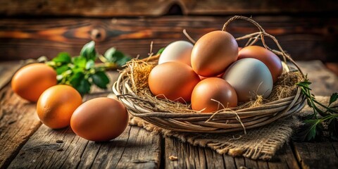 Captivating Egg Product Photography - Fresh Organic Eggs, Rustic Wooden Background, Elegant Presentation, Perfect for Culinary Use and Farm-to-Table Concepts