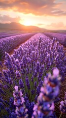 Fototapeta premium A breathtaking sunset illuminates a vibrant lavender field, with rows of blooming purple flowers stretching toward the horizon, creating a serene and peaceful atmosphere.