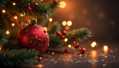 Red Christmas Ornament with Glitter on Tree Branch, Warm Lights Background
