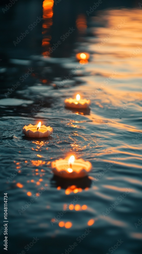 Wall mural an empty scene featuring blank mockup template of multiple diyas floating down the river at sunset, 
