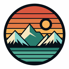 Scenic Sunset Over Mountains with Lake Illustration in Minimalist Design
