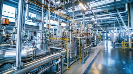Fototapeta premium Industrial Factory Interior with Complex Piping and Equipment