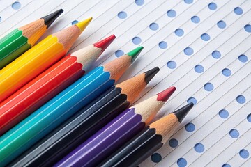 Naklejka premium Tilted angle black dot and colorful pencils on white lined paper