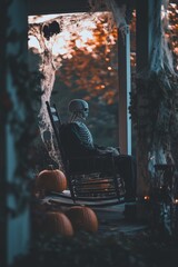 A spooky porch at twilight featuring a skeleton rocking in a chair, surrounded by carved pumpkins and cobwebs, embodying the essence of Halloween chills.