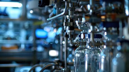 Close-up of Industrial Piping and Glass Vessels in a Factory Setting