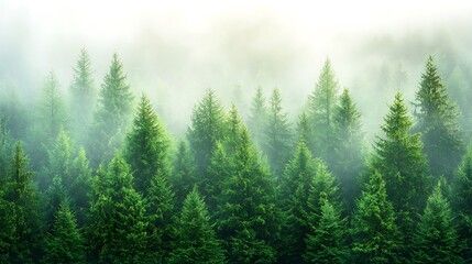 Fototapeta premium Breathtaking view of a dense evergreen forest enveloped in mysterious fog capturing the essence of tranquility in nature's embrace