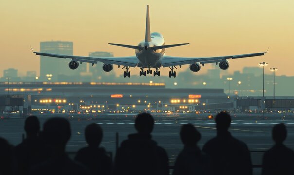 3D model of a commercial airplane taking off from a busy airport runway, with passengers watching through the terminal window - Powered by Adobe