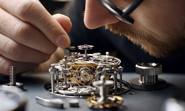A watchmaker meticulously repairs a complex mechanical movement.