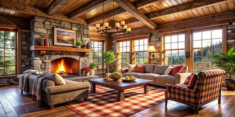 Fototapeta premium Cozy Mountain Cabin Great Room Interior with Rustic Charm and Modern Comfort