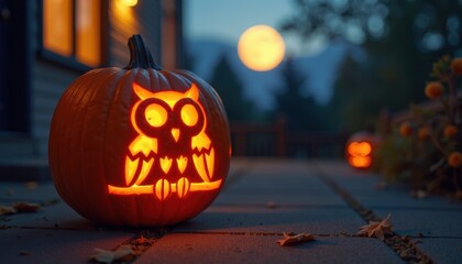 Fototapeta premium A glowing pumpkin with an owl design carved into it placed on a porch illuminated by moonlight creating a mysterious Halloween vibe.