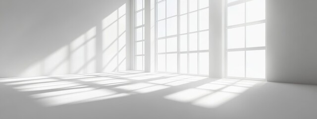 Obraz premium Serene White Space with Soft Shadows, Expansive Windows, Inviting Natural Light, Tranquil Atmosphere, Open to the Sky