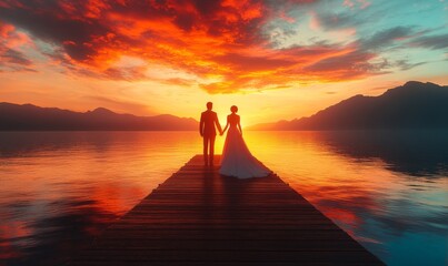 Fototapeta premium 3D wedding couple holding hands on a lakeside pier, their silhouettes reflected in the water as the sun sets