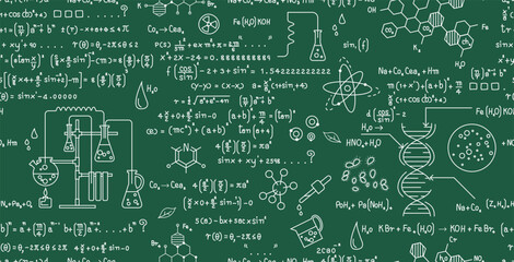 Seamless chemical and science formula background on blackboard.