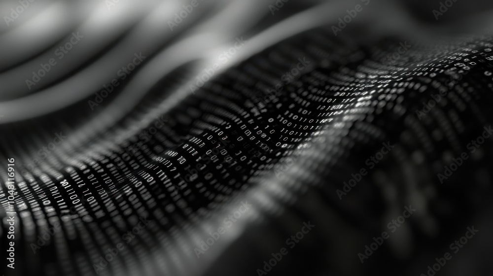 Poster close-up of binary code, zeros and ones representing digital information flowing smoothly, symbolizi