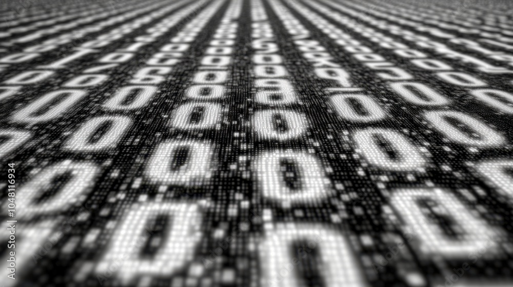 Poster close-up of binary code, zeros and ones representing digital information flowing smoothly, symbolizi