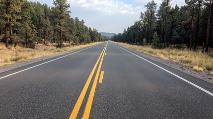 Fototapeta premium Endless journey through nature a serene road surrounded by majestic forests inviting adventure and exploration