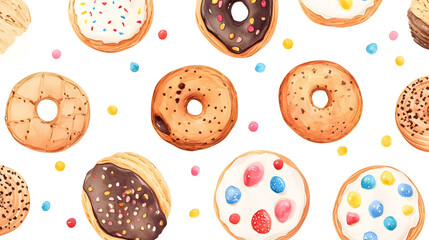 A delightful seamless pattern featuring croissants and donuts, showcasing various baked treats in a colorful and appetizing design