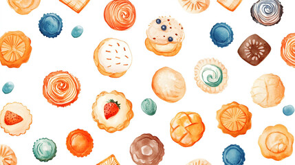 A delightful seamless pattern featuring croissants and donuts, showcasing various baked treats in a colorful and appetizing design