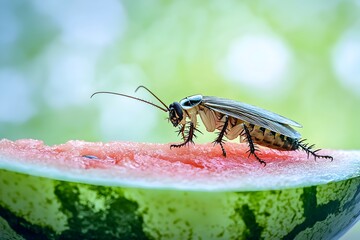 Contaminated Watermelon Slice with Uninvited Cockroach Guest