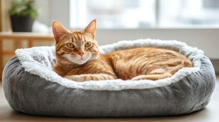 Cute Scottish fold cat with red fur and yellow eyes, peacefully resting on a comfortable bed, perfect for cozy, domestic pet themes