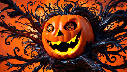 A surreal pumpkin creature with glowing eyes, twisted smile, and intricate black patterns, set against an eerie Halloween backdrop. Full of energy and dark, whimsical details.