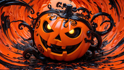 A surreal pumpkin creature with glowing eyes, twisted smile, and intricate black patterns, set against an eerie Halloween backdrop. Full of energy and dark, whimsical details.