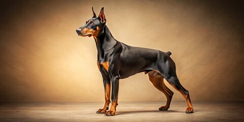Elegant Black and Tan Doberman Standing Poised Against a Neutral Beige Background in Vintage Style Photography