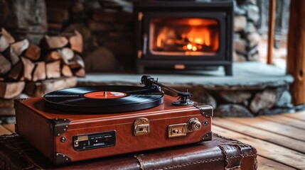 Vintage Record Player on a Suitcase with Fireplace in Background