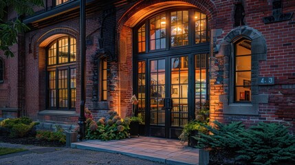 Brick building with arched windows and a large glass door at dusk