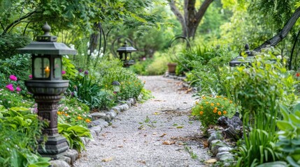 Naklejka premium A stone pathway lined with greenery and lanterns in a garden.