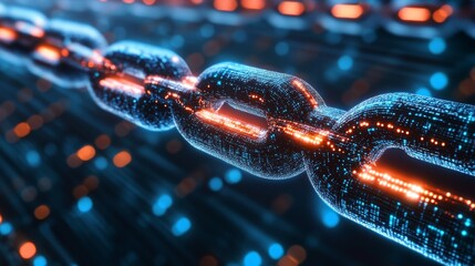 A 3D-rendered image of a blockchain network, with blocks linked by glowing lines of data, representing transparency, security, and decentralization in the modern digital world