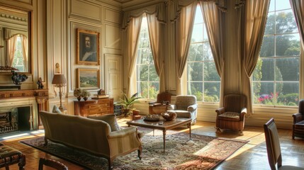 Obraz premium Sunlit Living Room with Antique Furniture and Large Windows