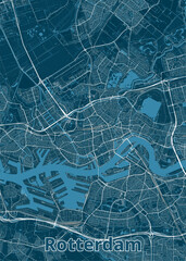 Map of Rotterdam, Netherlands, rendered in a minimalist style. The map features a deep blue background with white lines representing streets, waterways, and other urban features.