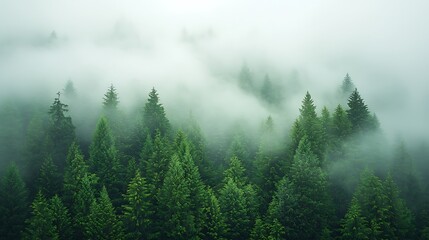Fototapeta premium Enchanted misty forest a serene landscape of lush green pine trees shrouded in ethereal fog and tranquility