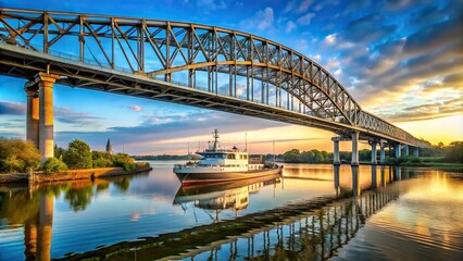 Obraz premium Tilted angle cantilever bridge over river with passing ship