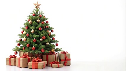 Tilted angle Christmas tree with gift boxes on white background