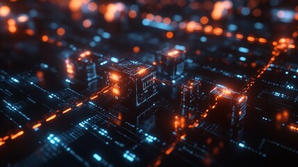 Obraz premium A close-up view of blockchain blocks interconnected by glowing chains, set against a dark background filled with binary code and data points, highlighting the transparency 