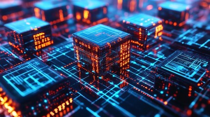 Obraz premium A close-up view of blockchain technology, with 3D cubes linked by glowing lines, floating in a virtual space surrounded by binary code and data points, representing secure data transactions