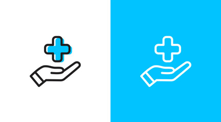Obraz premium Hands and health medical logo icon. Hands holding medical cross health symbol. Hands giving health care. medical health care logo icon design template