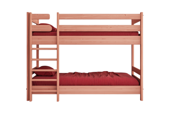 Wooden Bunk Bed with Red Mattress and Soft Pillows