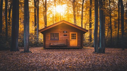 A Rustic Log Cabin Nestled Amidst Autumnal Trees