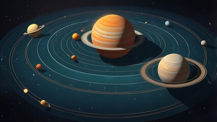 Obraz premium digital dreamy vector abstract illustration background depicting a stylized solar system features a dark blue background with swirling lines representing orbits