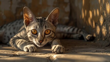Obraz premium A tabby cat with bright yellow eyes looks intently at the camera, resting on a concrete floor.
