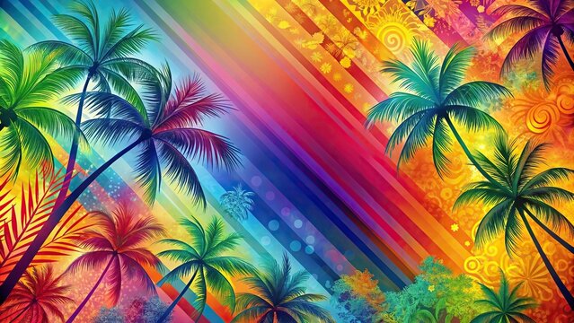 Tilted angle colorful tropical background with abstract tree inspired patterns